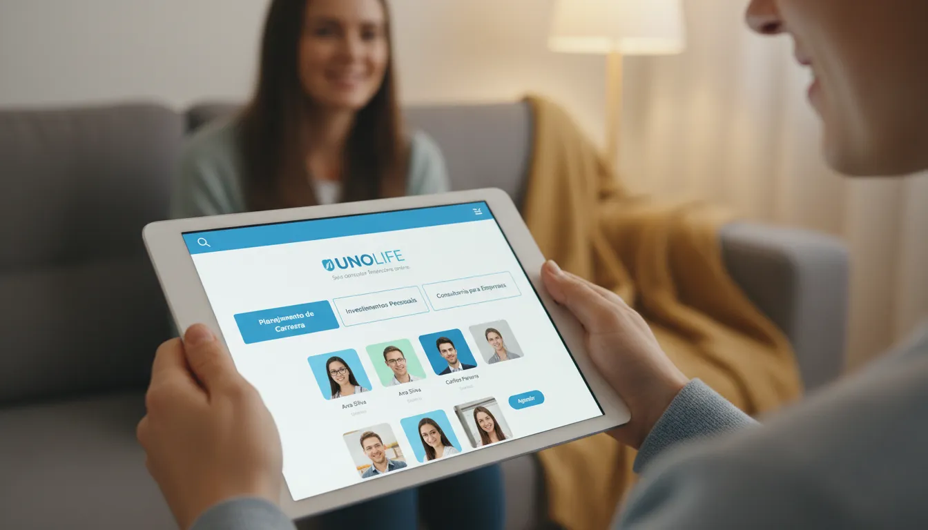 Mãos segurando um tablet, mostrando uma plataforma de consultor financeiro online. Ilustra a busca por finanças pessoais saudáveis.