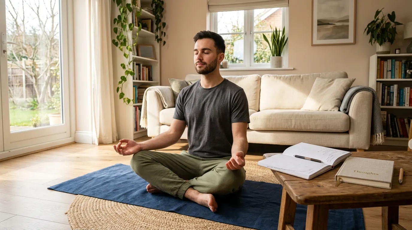 Homem meditando para controlar a ansiedade e equilibrar rotina de trabalho.
