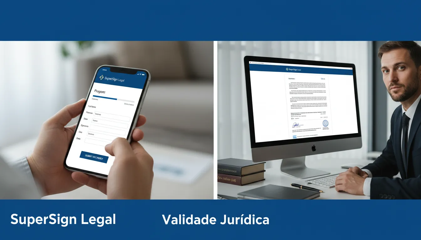 Tela dividida mostrando o preenchimento de um formulário digital e a revisão do documento, exemplificando como fazer procuração por e-mail com SuperSign.