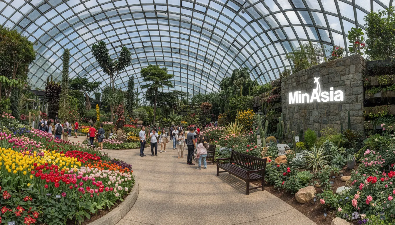 Vista interna do Flower Dome em Gardens by the Bay, com jardins coloridos e arquitetura de vidro deslumbrante.