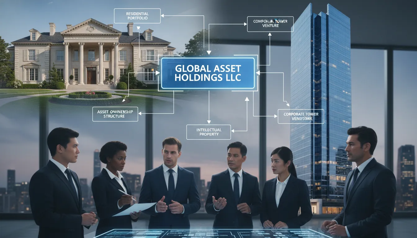 Casa de luxo americana e arranha-céu conectados por diagrama de holding patrimonial