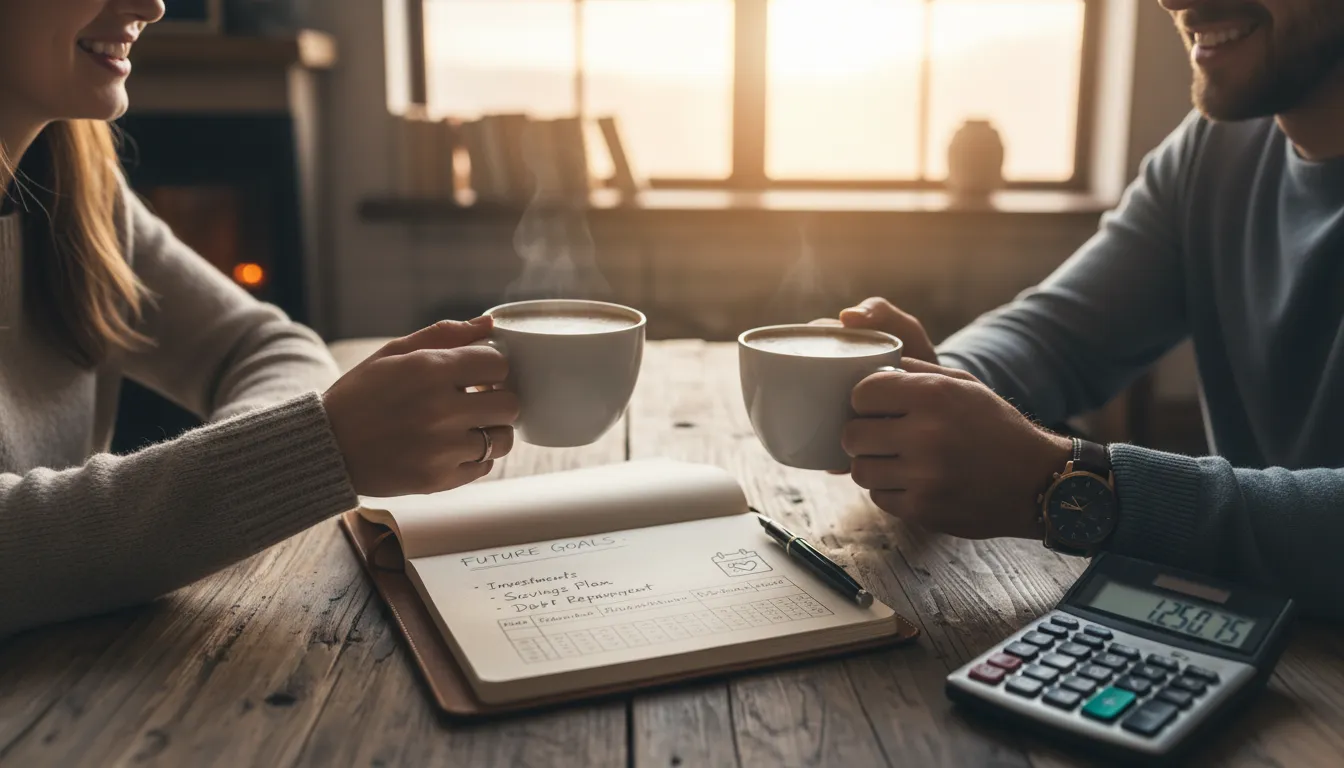 Mãos de casal segurando canecas, com caderno e calculadora planejando finanças de forma tranquila.