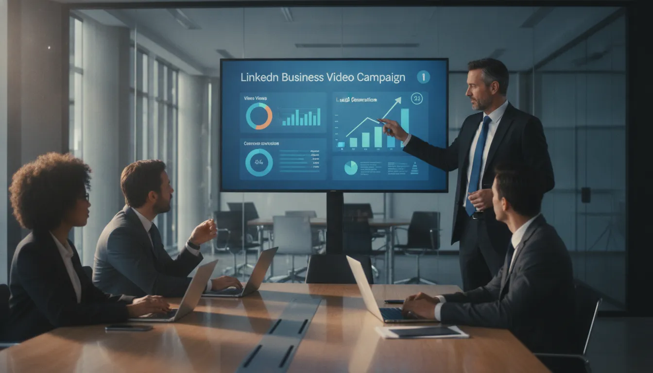 Executivo apresenta resultados de vídeo marketing para linkedin para empresas, mostrando métricas de engajamento.