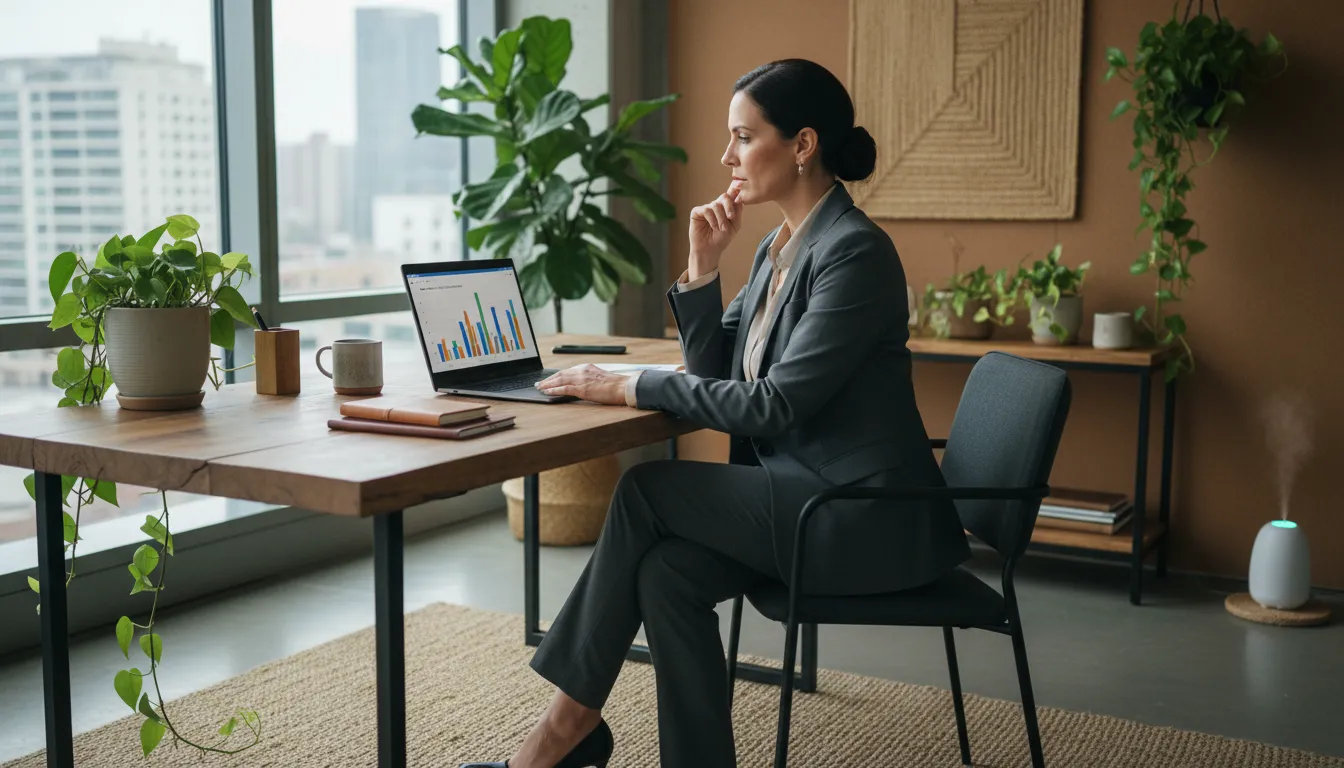 Mulher de negócios analisando dados de marketing de eventos em seu laptop, ilustrando a importância da análise de dados para o sucesso da estratégia.