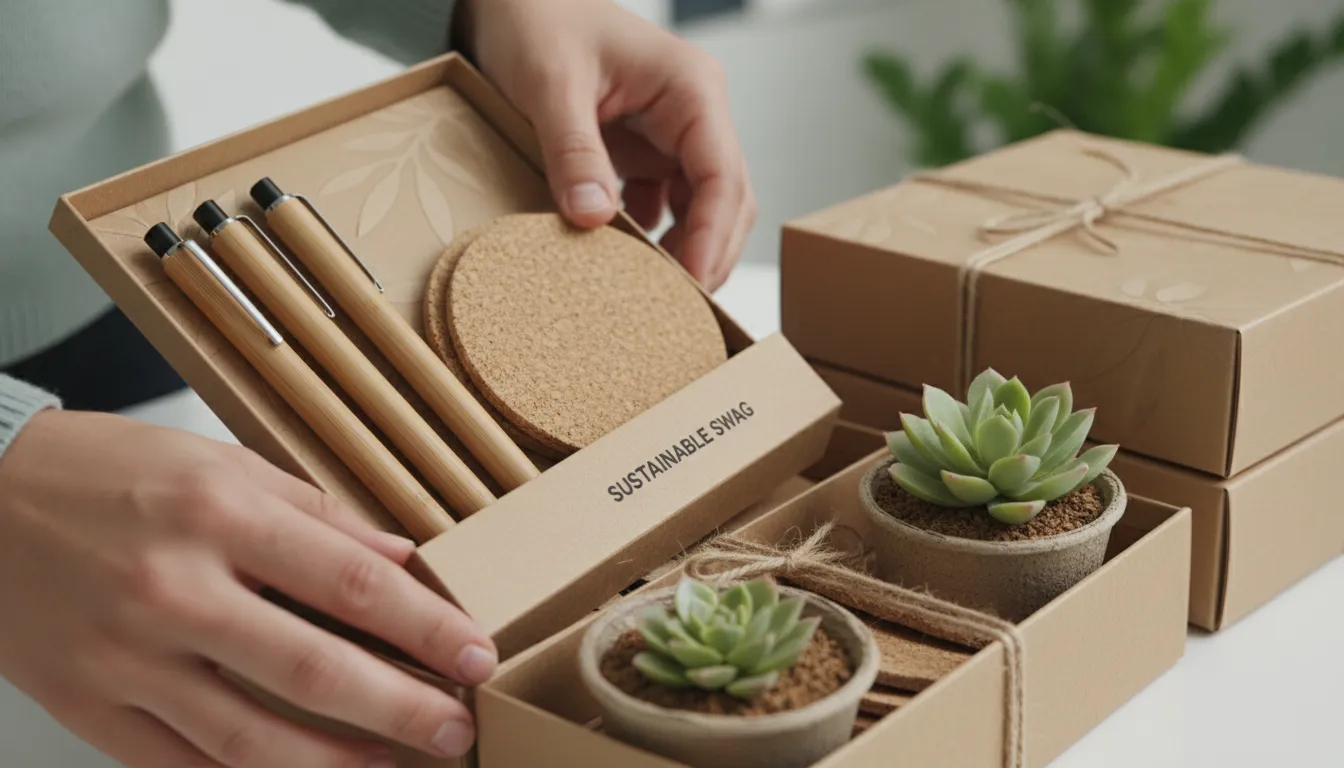 Brindes ecológicos sendo embalados em embalagens biodegradáveis com foco nos detalhes naturais.