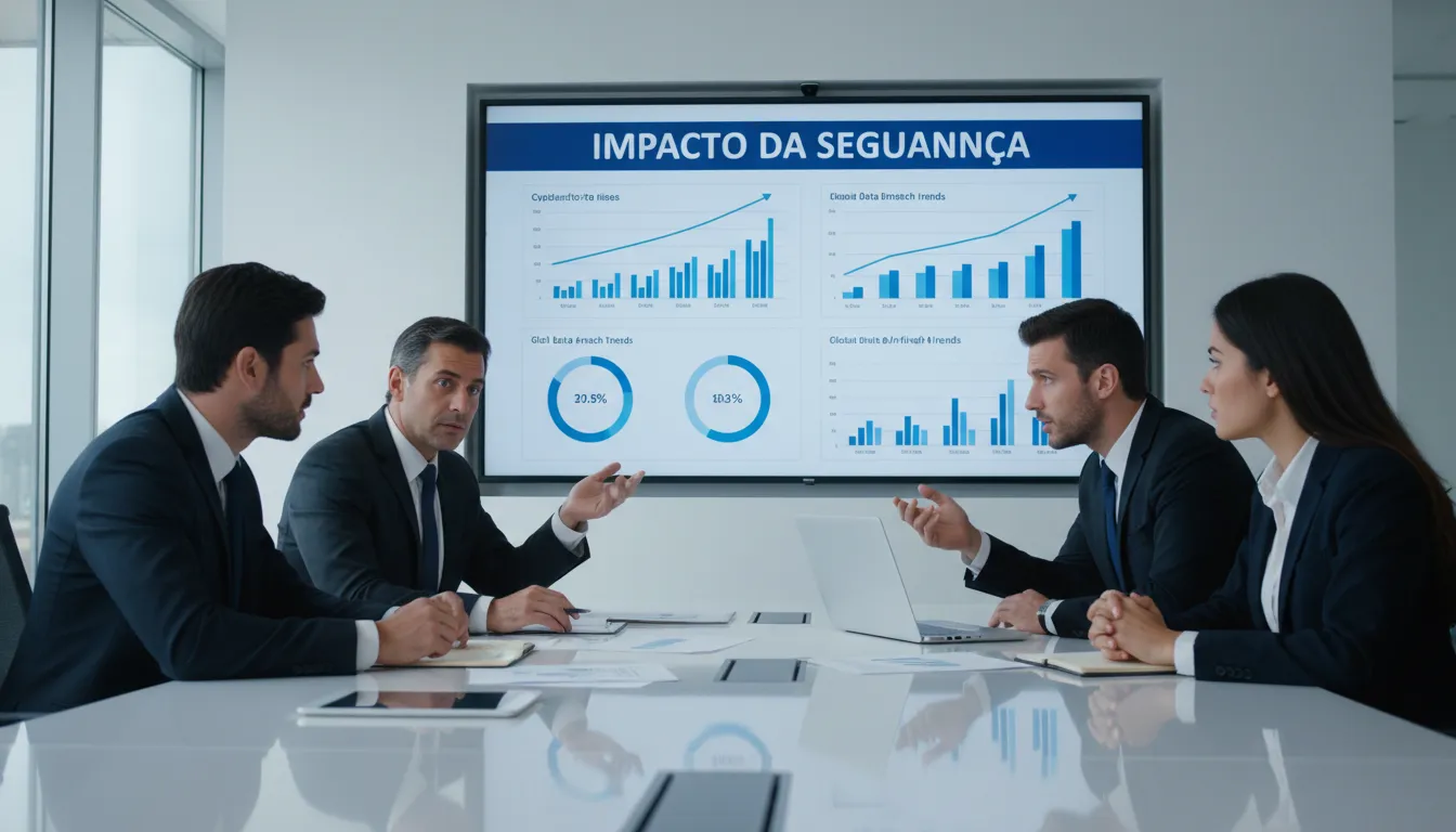 Equipe de negócios discutindo os impactos de falhas na segurança da informação.