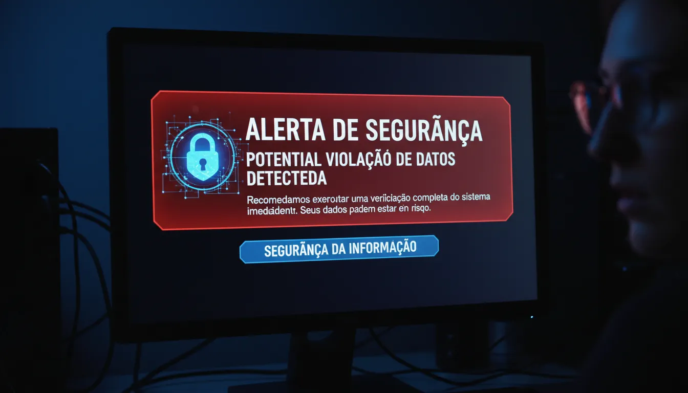 Tela de computador exibindo alerta de violação de dados e a importância da segurança.