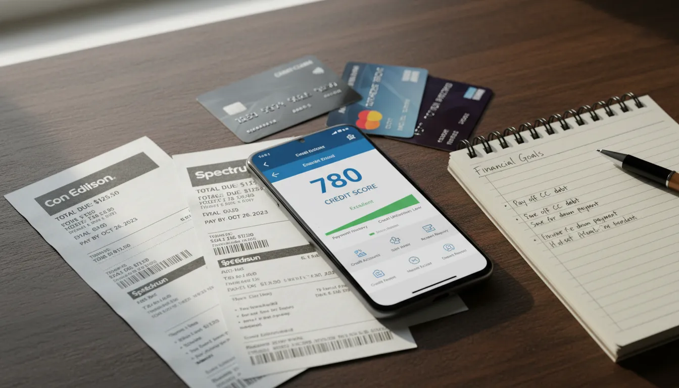 Detalhe de celular exibindo painel de score de crédito entre contas e cartões, simbolizando monitoramento financeiro