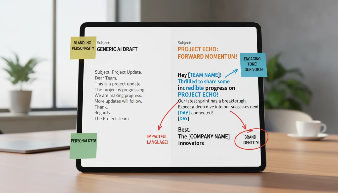 Como Usar IA para Gerar Rascunhos de Texto Sem Perder a Voz da Marca 2 Comparação entre texto genérico de IA e versão editada com voz da marca aprimorada