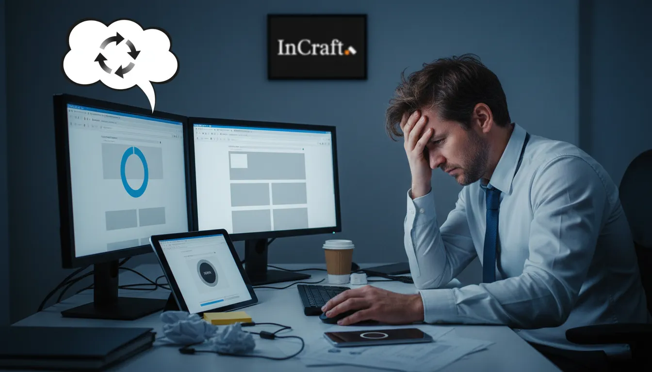 Executivo frustrado com a lentidão de sites em vários dispositivos, demonstrando o impacto negativo da baixa velocidade de site nos negócios.