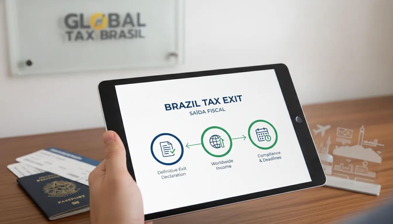 Infográfico simplifica saída fiscal Brasil, declaração definitiva e imposto de renda, com expertise Global Tax.