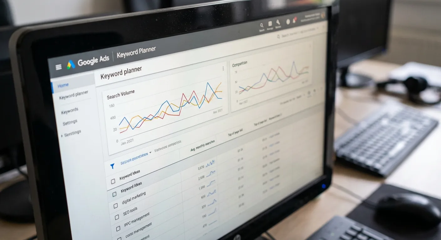 Tela de computador mostrando painel do Planejador de Palavras-Chaves do Google Ads
