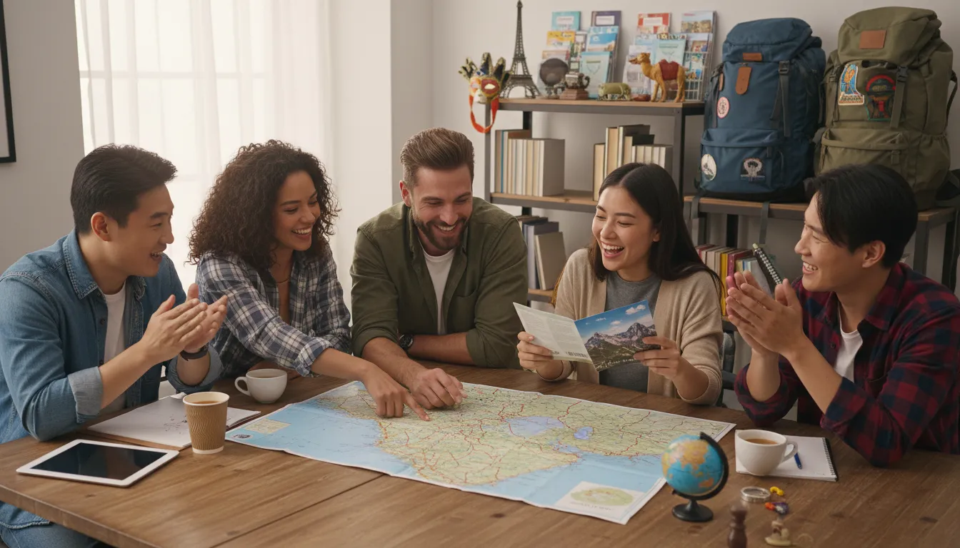 Grupo de viajantes diversos se reúne para planejar viagem em conjunto, utilizando um mapa impresso e folhetos.