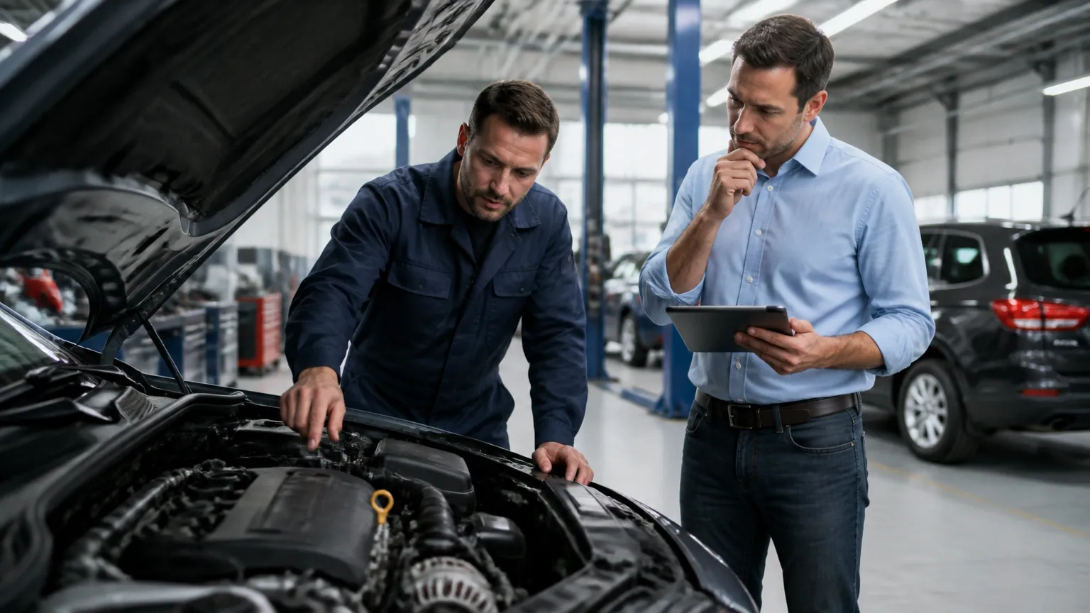 Manutenção preventiva em oficina avaliando o custo real de um carro e gastos futuros.