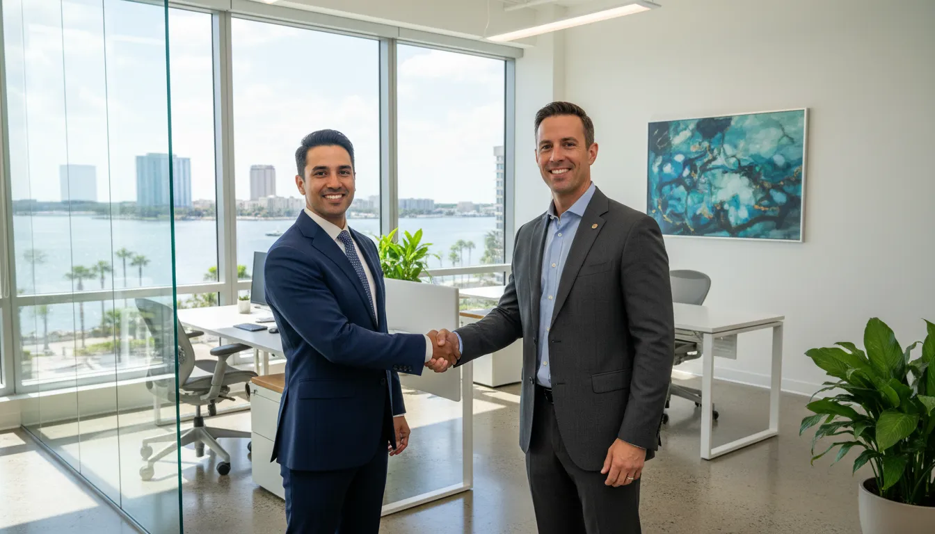 Foreign entrepreneur shaking hands with a Prezzo advisor after successfully opening a company in Florida in Tampa.