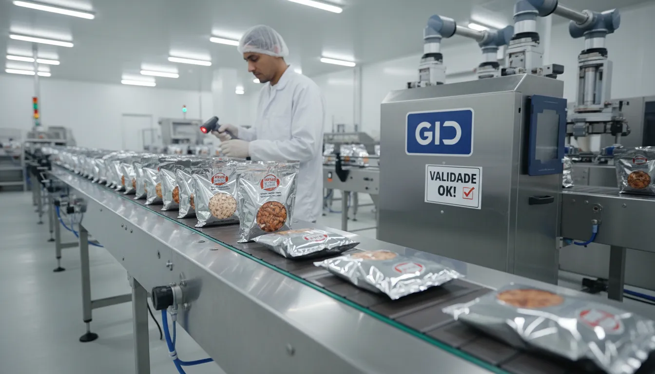 Esteira de produção de alimentos com embalagens sendo conferidas por um trabalhador, verificando se as datas de validade no rótulo estão corretas, com a solução da GID.