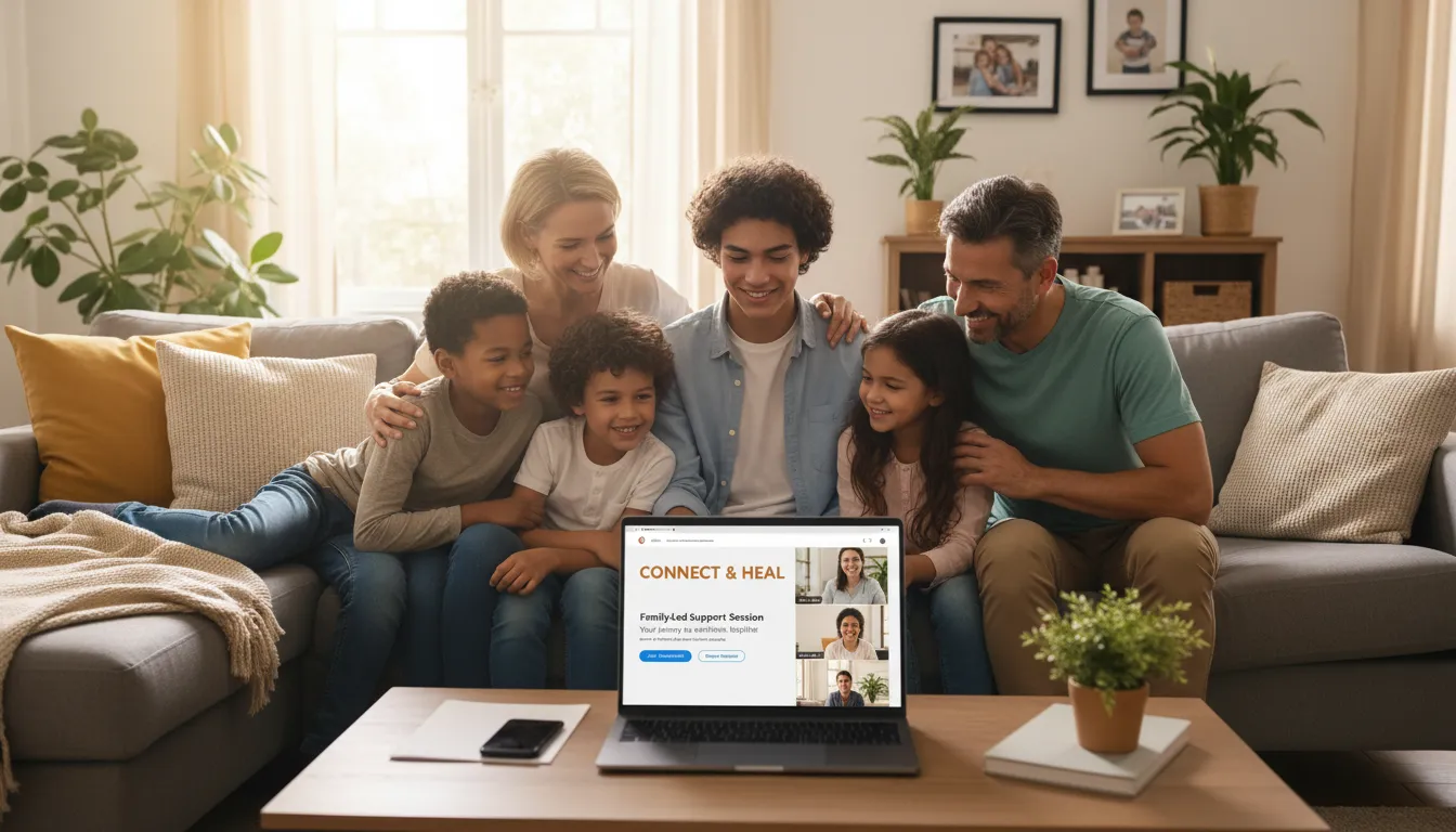 Família reunida incentivando adolescente em processo terapêutico online, mostrando apoio mútuo.