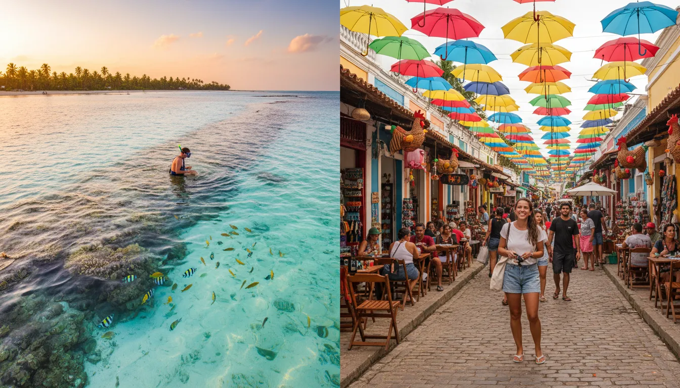 Imagem dividida mostrando o perfil ideal de viajante para Porto de Galinhas ou Maragogi: agito versus natureza.