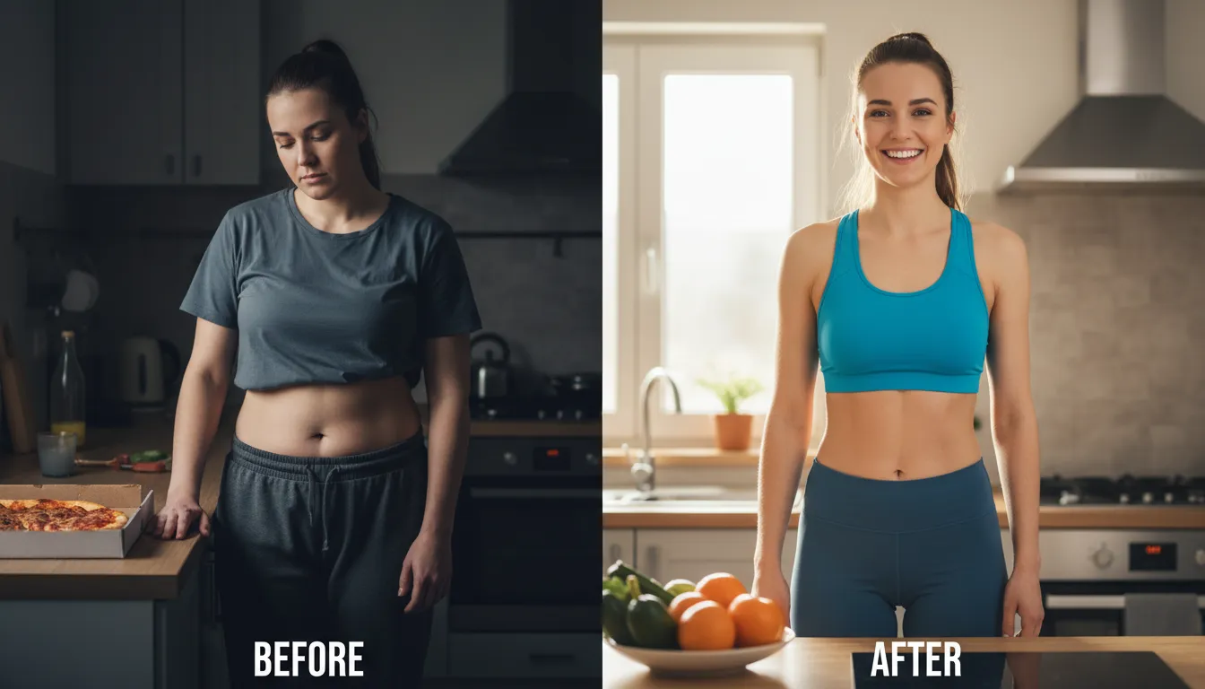 Resultados de emagrecimento com acompanhamento de nutricionista online, mostrando transformação e bem-estar após programa individualizado.