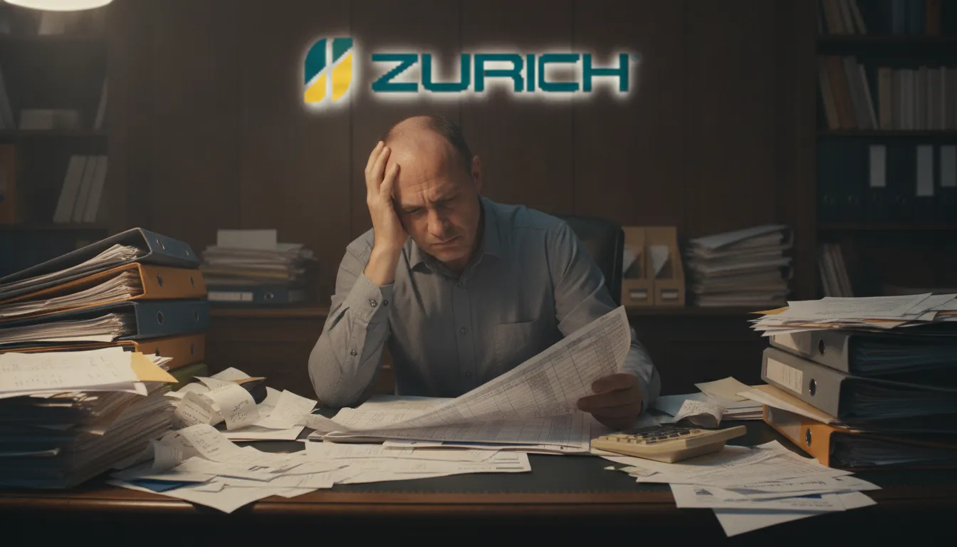 Empresário estressado com pilhas de papel, representando desafios da contabilidade tradicional versus online.