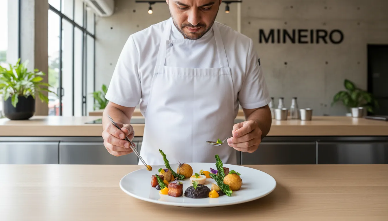 Chef em Belo Horizonte preparando prato inovador, mostrando as novidades da gastronomia local com ingredientes frescos.