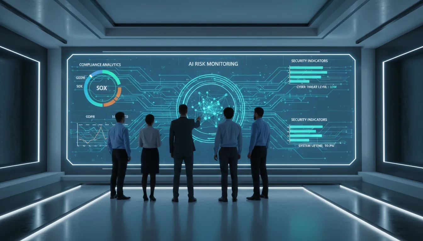 Equipe de GRC com IA monitorando riscos e compliance em ambiente corporativo tecnologicamente avançado.