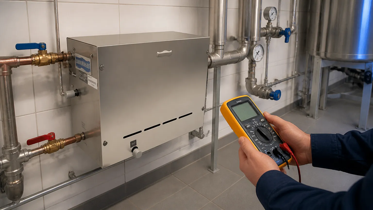 Equipamento gerador de vapor para sauna conectado à tubulação técnica para dimensionamento ideal.