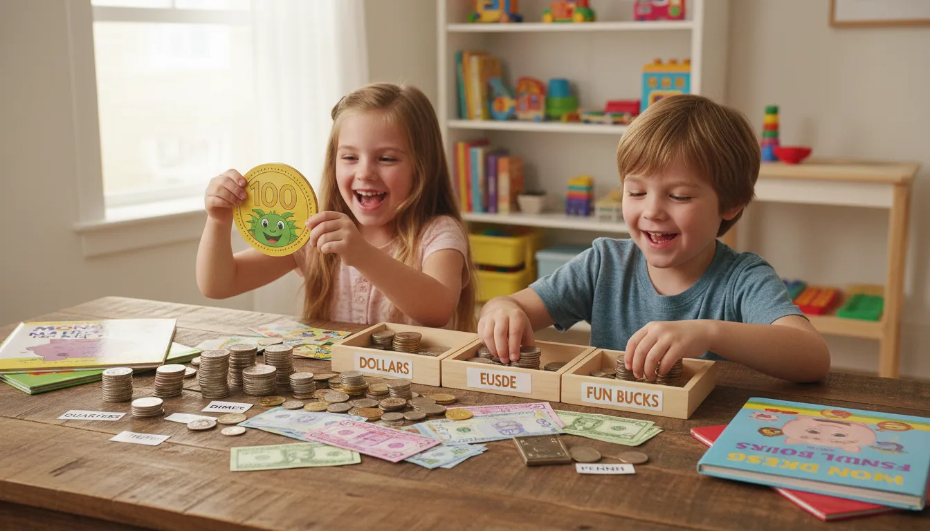 Crianças aprendendo sobre dinheiro enquanto brincam e separam moedas em casa.