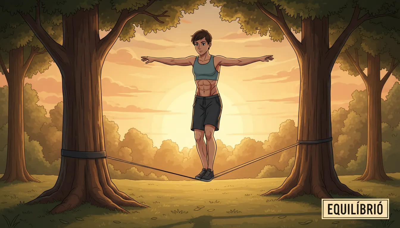 Prática de slackline em parque ressaltando o uso do core e o desenvolvimento do equilíbrio.