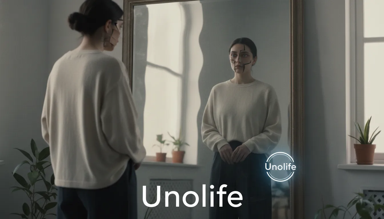 Ilustração de auto-reflexão, simbolizando a dificuldade de auto-percepção em transtornos de personalidade. Unolife te ajuda a entender seus sentimentos.