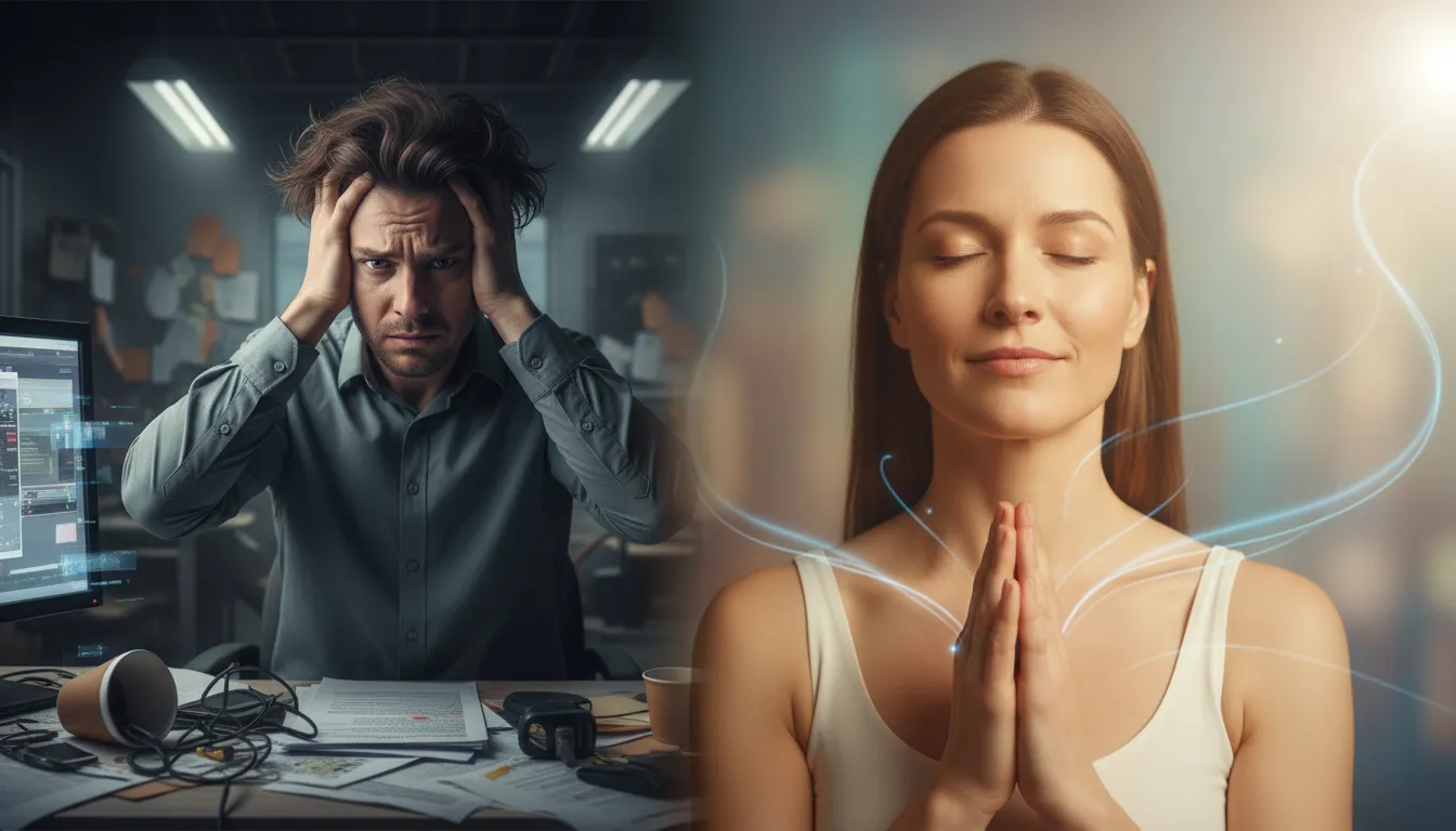 Transformação do estresse à paz através do reiki à distância: pessoa recebendo energia curativa em ambiente tranquilo.