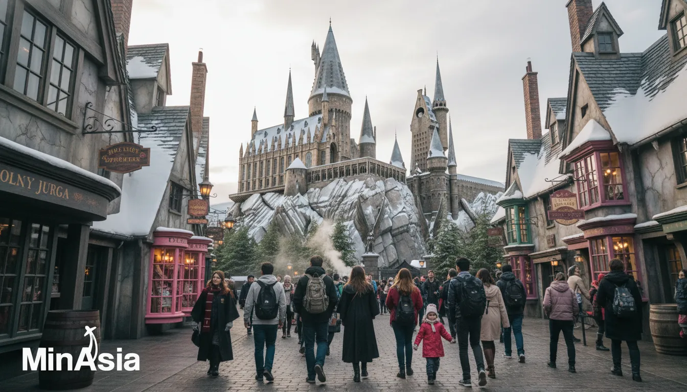 Castelo de Hogwarts no Universal Studios Japan, com visitantes explorando a vila de Hogsmeade, cheia de magia.