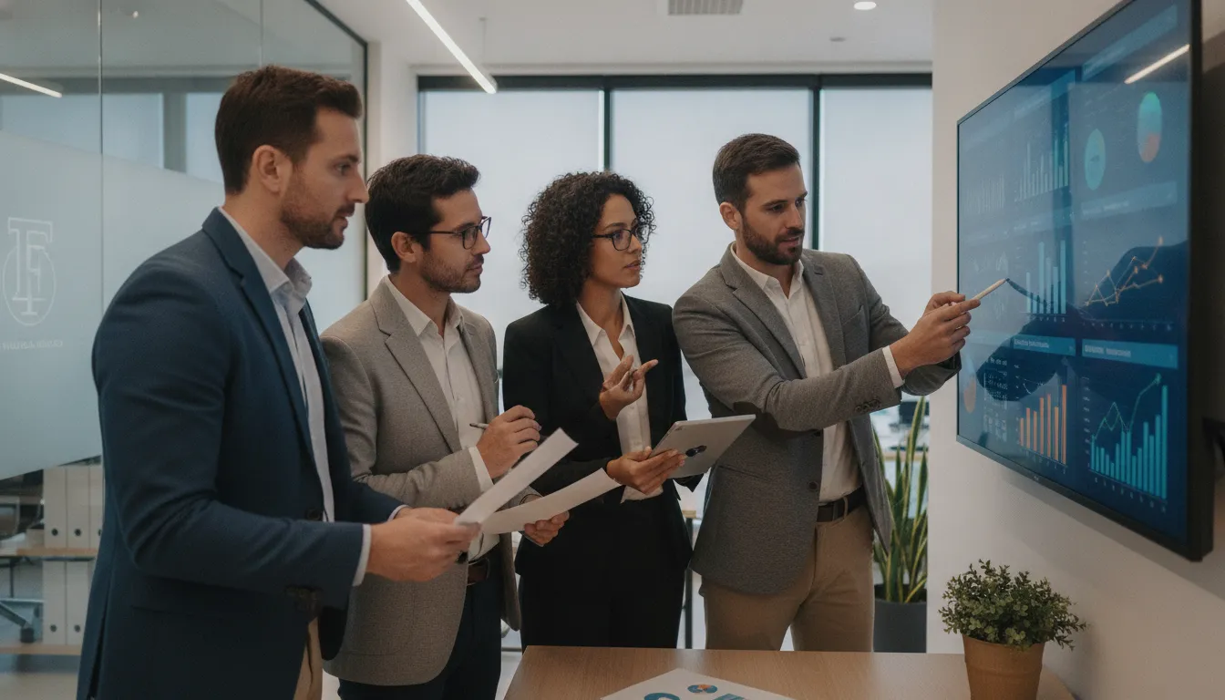 Especialistas da Financia Tudo discutem estratégias de refinanciamento de caminhão, analisando dados financeiros em escritório moderno.