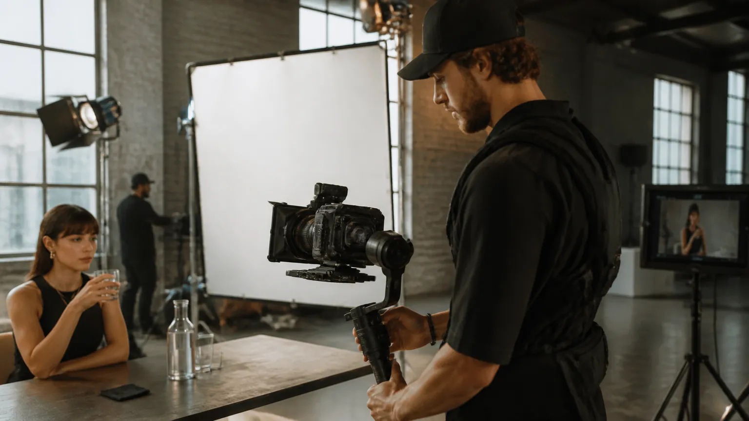 Cinegrafista atuando profissionalmente com MEI para produtora de vídeo em gravação comercial.