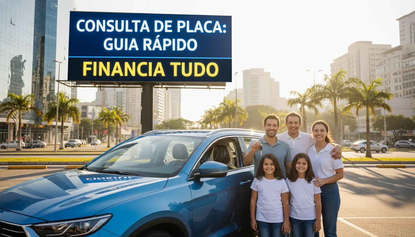 Família feliz ao lado de seu carro novo, com um outdoor promovendo a consulta de placa da Financia Tudo. Consulte a [placa veicular](https://financiatudo.com.br/).