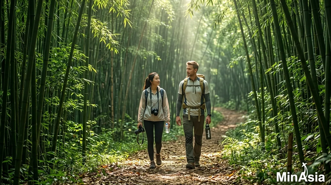 Turistas explorando trilhas asiáticas protegidos com a cobertura do melhor seguro viagem ásia.