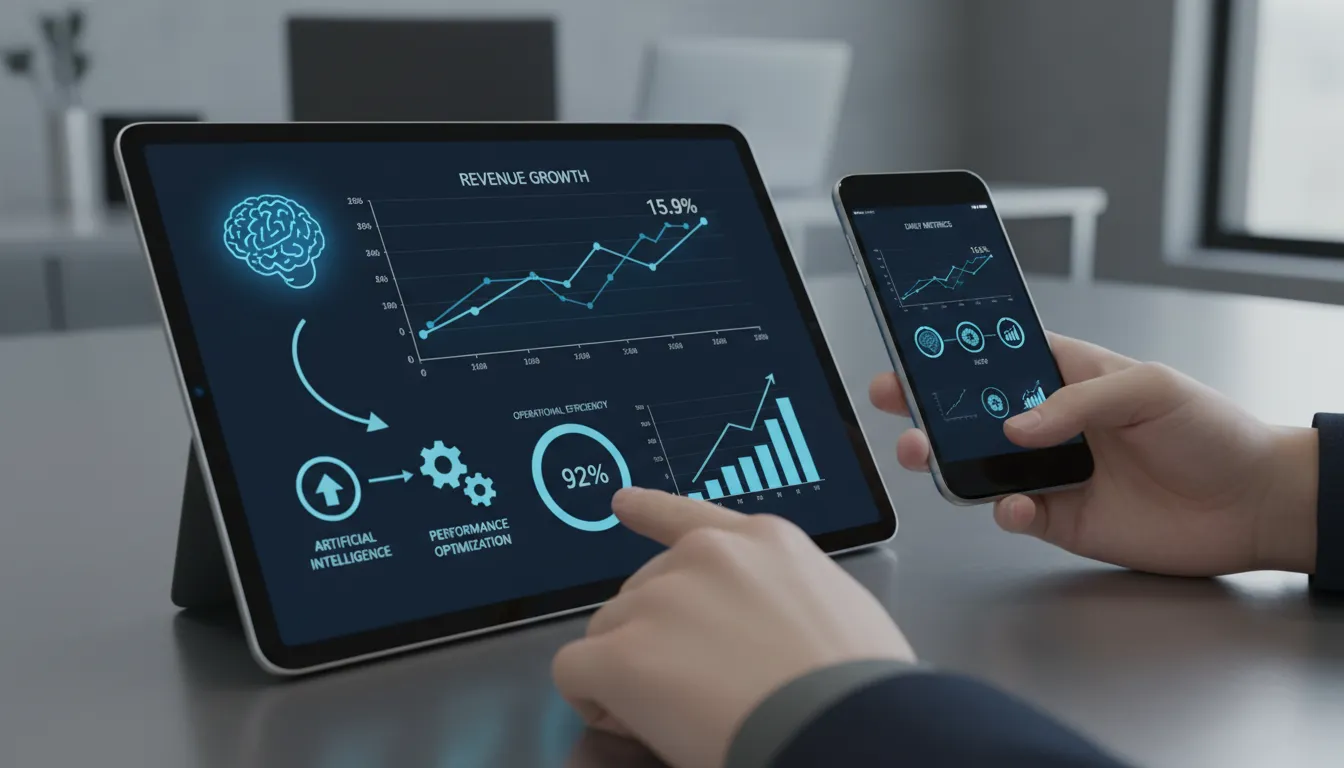 Mãos utilizando dashboard com dados de desempenho e automação, indicando acompanhamento tecnológico.