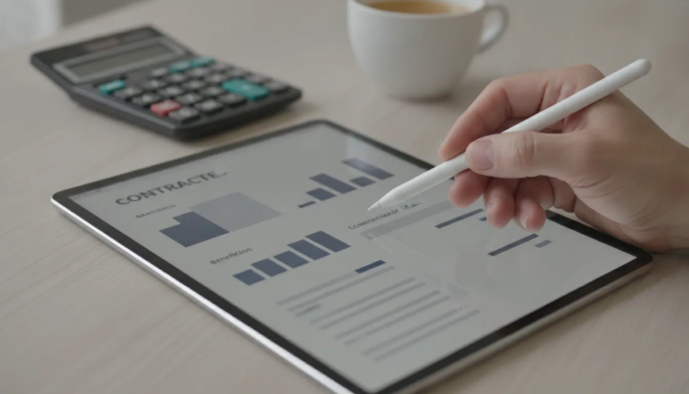MEI pode ter funcionário: Mão de MEI apontando contrato digital sobre regras e obrigações trabalhistas.