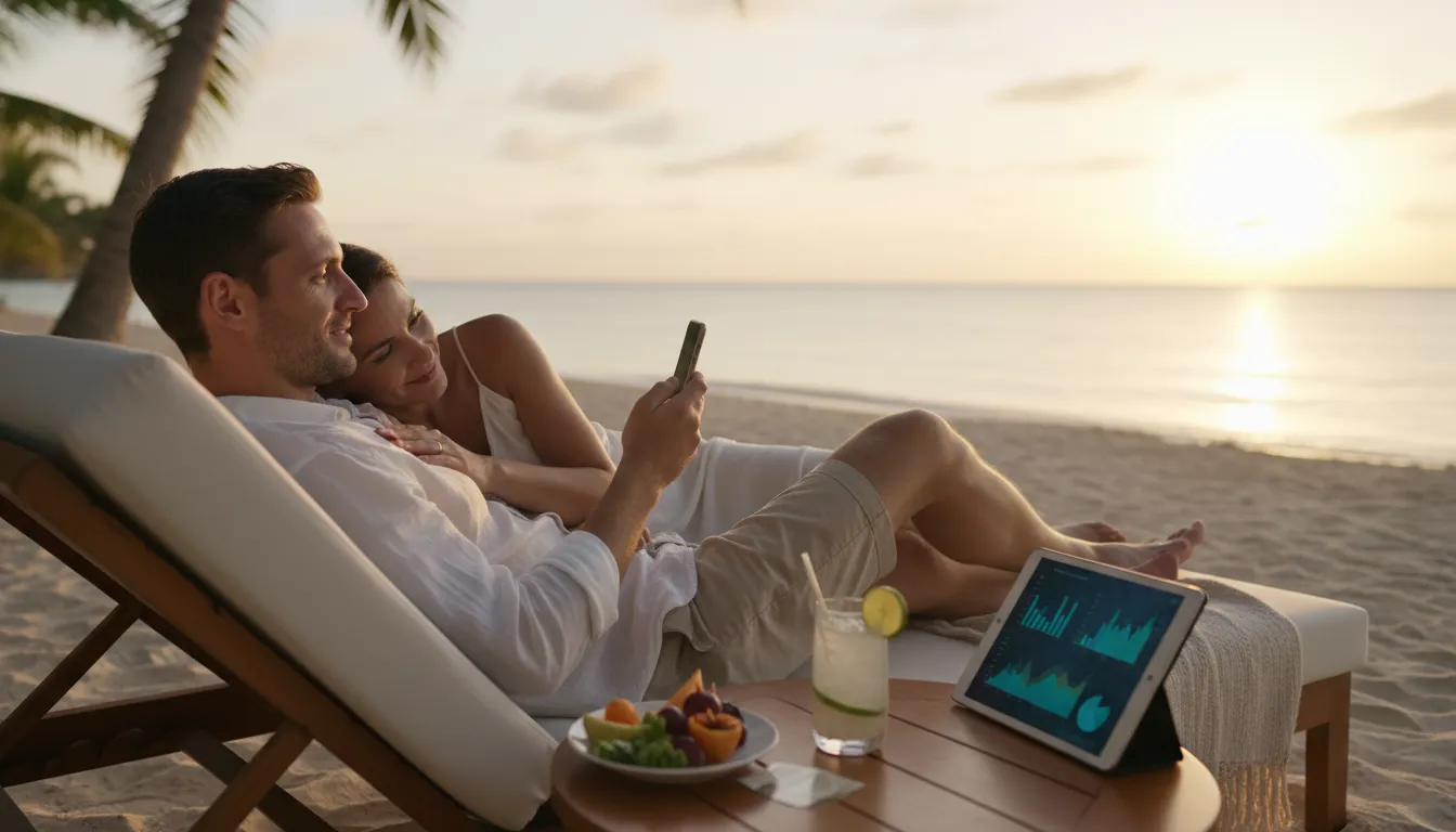 Casal relaxa na praia ao pôr do sol, desfrutando da liberdade financeira e renda recorrente de afiliados.