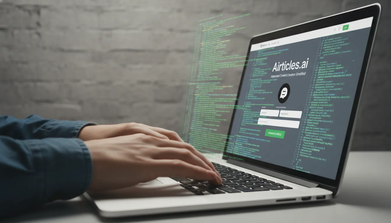 Mãos digitando em um laptop com a tela mostrando código e o logo do ChatGPT e Airticles.ai, representando como chatgpt gets googled.