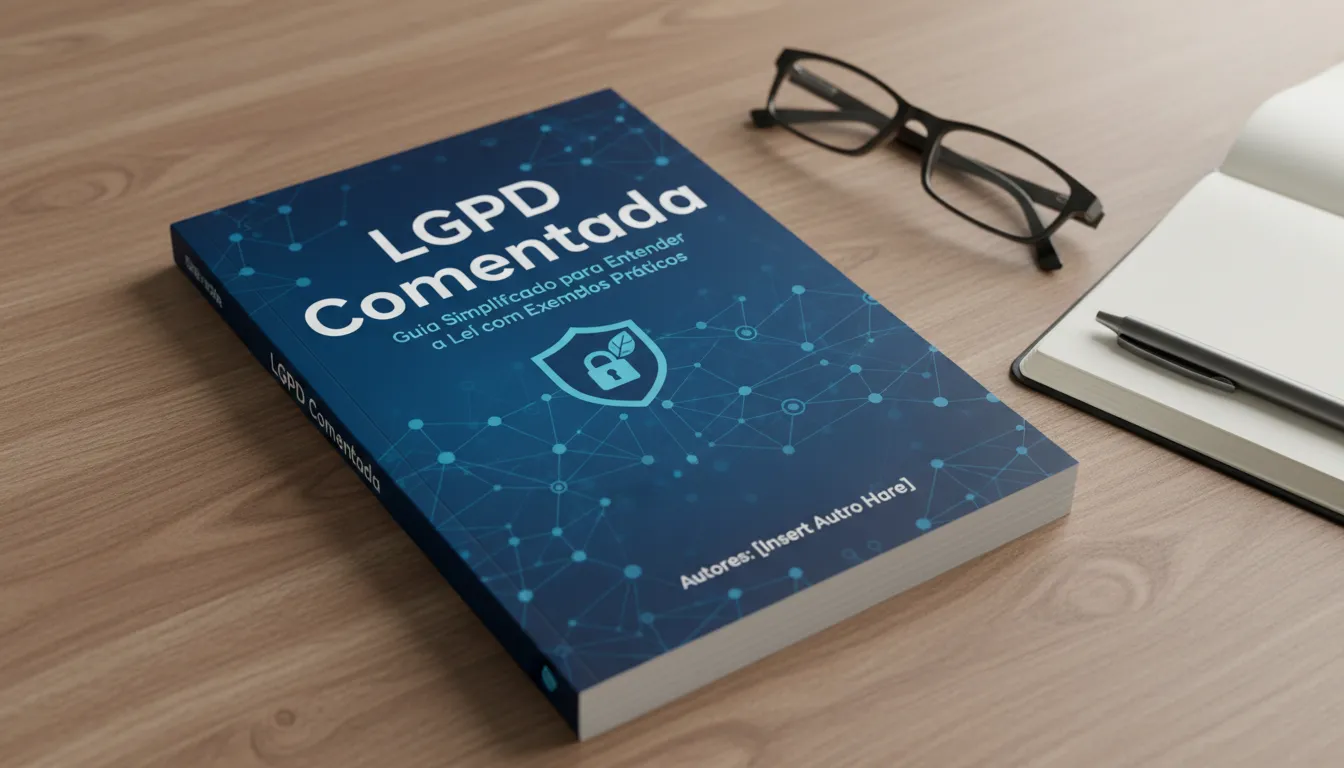 Mesa de trabalho jurídica com ícones de privacidade, flagra o cumprimento da proteção legal de dados no Brasil.