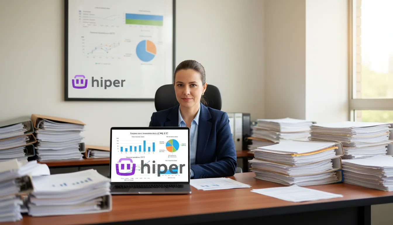 Empresário aliviado usando um software para simplificar a substituição tributária do ICMS.