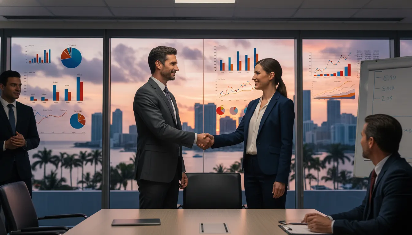 Reunião de negócios com gráficos financeiros e o horizonte de Miami ao fundo, simbolizando Bookkeeping para Empresas na Florida.