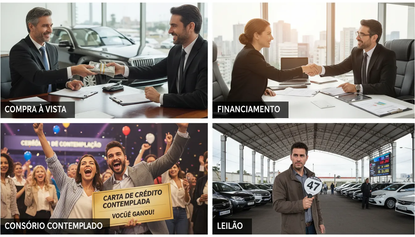 Comparação de compra à vista, financiamento, consórcio e leilão em painéis ilustrativos fotorrealistas.