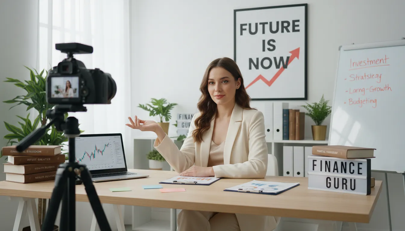Influenciadora digital gravando vídeo sobre educação financeira, transmitindo confiança e autoridade.