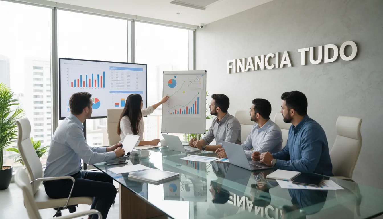Um grupo diversificado planejando finanças com gráficos, demonstrando o planejamento financeiro estratégico facilitado pelo home equity e Financia Tudo.