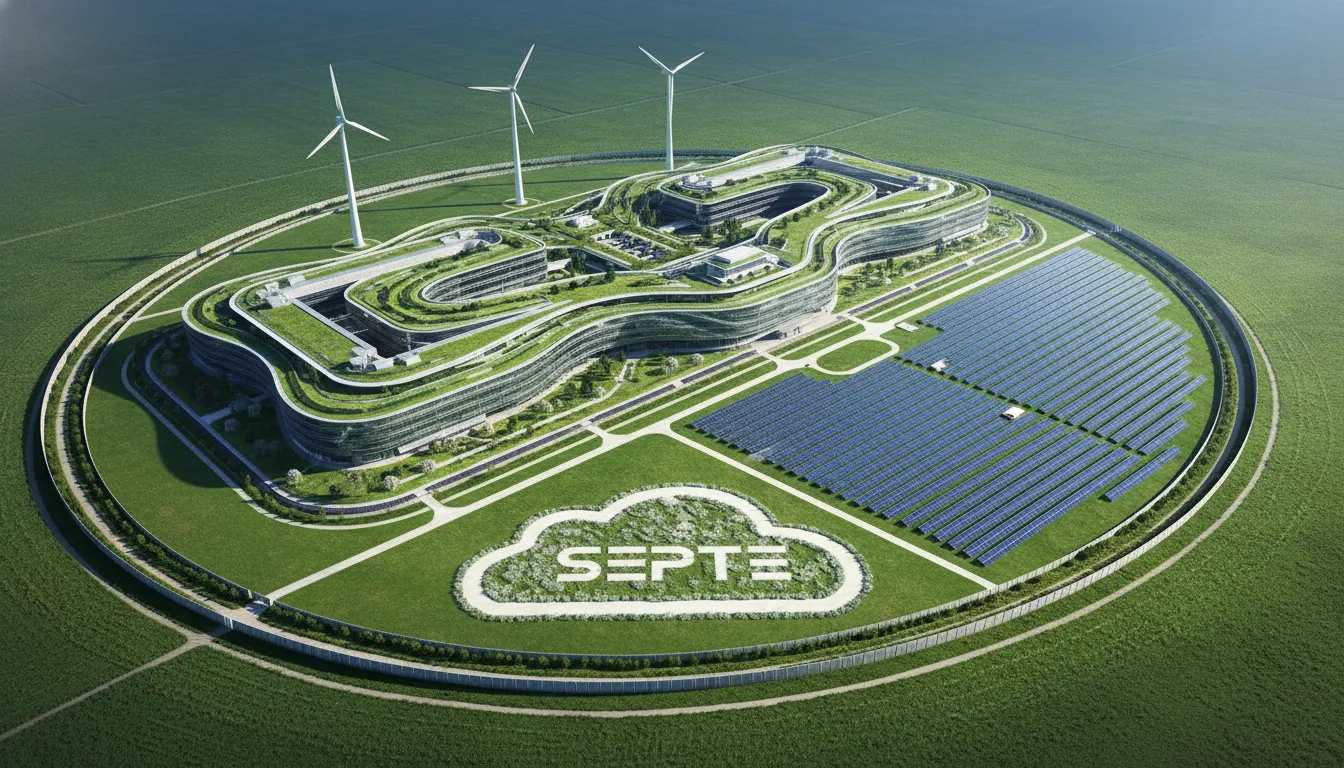 Vista aérea de campus de data center seguro, representando a infraestrutura de armazenamento corporativo da SEPTE.