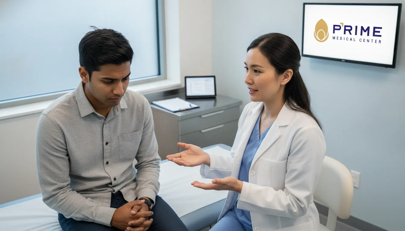Médico e paciente conversam em consultório, abordando torção testicular sintomas e necessidade de atendimento rápido.