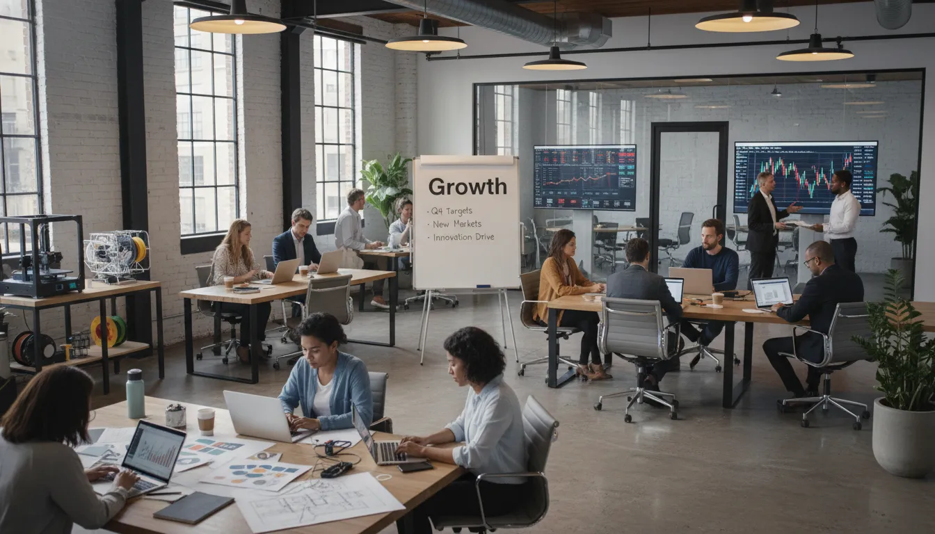 Espaço de coworking moderno com diversas ideias de negócios emergentes, refletindo o dinamismo e a inovação do mercado americano.