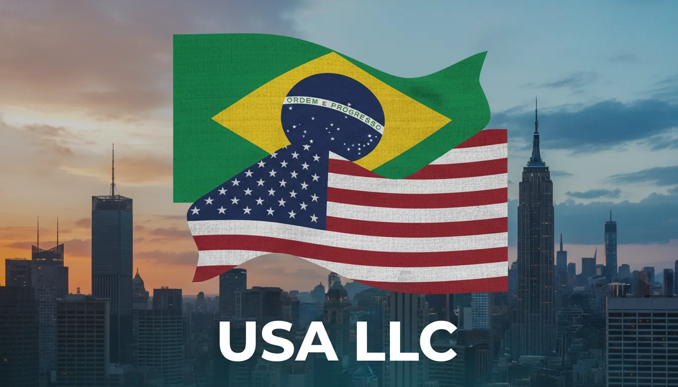 Bandeiras do Brasil e EUA se fundindo, simbolizando a abertura de LLC nos Estados Unidos para empreendedores brasileiros.